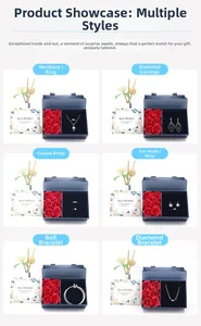 Multiple views of preserved rose jewelry gift box with assorted silver necklaces and rings