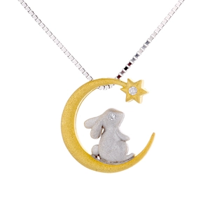 925 silver star moon rabbit necklace with matte gold crescent and textured silver bunny