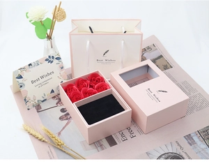 Detailed view of pink rose jewelry gift box with velvet insert and matching carry bag