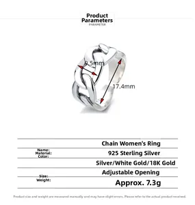 Dimensions détaillées pour bague chaîne gourmette de 9,5mm en argent massif 925