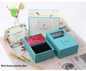 Mint green jewelry gift box set with red soap rose and matching carry bag detail