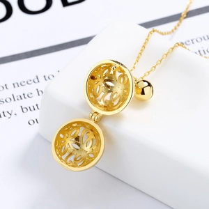 S925 sterling silver hollow bell pendant necklace with intricate gold plated flower patterns