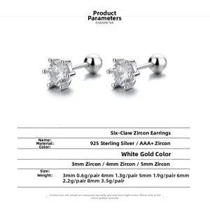 Size chart for 925 sterling silver 6-prong zircon stud earrings in multiple dimensions