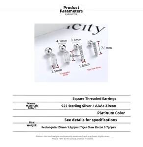 Macro detail of S925 sterling silver screw back stud earrings with rectangular zircon dimensions