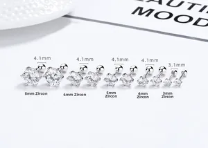 Detailed size comparison of five S925 silver six-claw zircon studs with screw backs