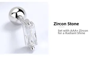 Macro view of S925 silver stud earring with 3A+ rectangular cubic zirconia and screw back