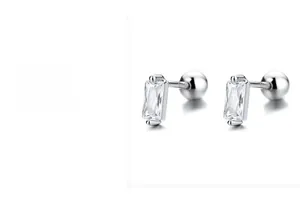 Detail of S925 sterling silver screw back earrings with rectangular zircon gemstone