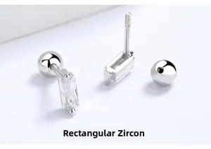 Macro detail of S925 sterling silver rectangular zircon stud with screw ball back closure