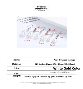 Detailed size chart of S925 silver pearl earrings with infinity zircon drop design