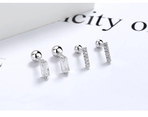 Set of four S925 silver stud earrings with rectangular zircon and screw ball back design