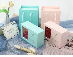 Soap rose gift box set in mint green and pink with matching bags and gold feather patterns