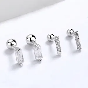 925 Sterling Silver Rectangular Zirconia Stud Earrings For Women Secure Screw Back Threaded Closure Minimalist Geometric Jewelry