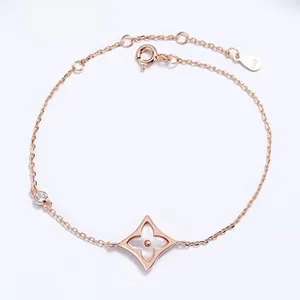 Detail of rose gold clover charm on s925 silver bracelet with sparkling crystal accent