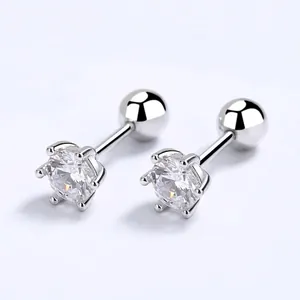 925 Sterling Silver Round Six Prong Zirconia Stud Earrings Threaded Screw Back Hypoallergenic Minimalist Jewelry For Women Men