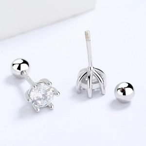 S925 sterling silver round cubic zirconia stud earrings with six-prong screw back closure