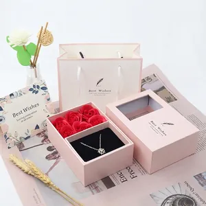 Preserved rose jewelry gift box set with snowflake necklace and elegant pink gift bag