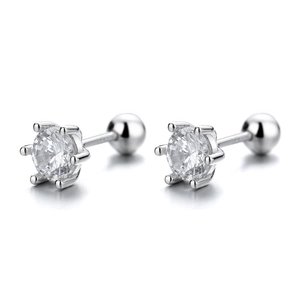 Classic S925 sterling silver six-prong stud earrings with round cubic zirconia and screw backs