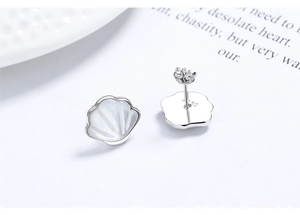Detailed view of S925 sterling silver shell earrings with white mother of pearl inlay