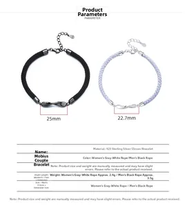 Detalles de las pulseras de pareja Mobius en plata de ley 925 con cordón trenzado