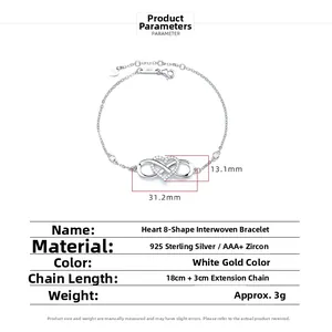 Detailed size specifications of 925 sterling silver heart and infinity symbol bracelet