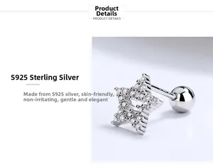 Macro shot of S925 sterling silver star stud earring with inlaid white cubic zirconia