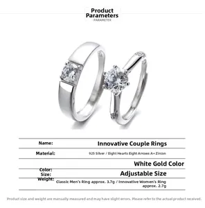 Detail specifications of 925 silver couple rings with brilliant cubic zirconia in white gold