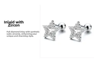 Detail view of S925 sterling silver star stud earrings with screw back and cubic zirconia