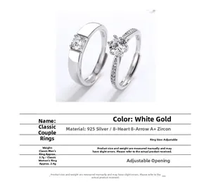 Detailed close-up of 925 silver couple rings with 3A zircon and adjustable open band