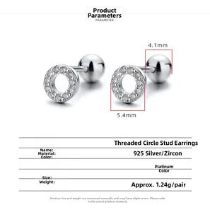 Technical view of 925 sterling silver screw back earrings with cubic zirconia dimensions
