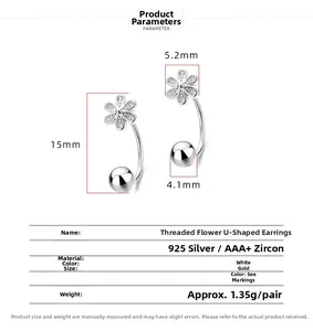Detail view of 925 silver flower U-shaped earrings with 15mm height and zircon dimensions