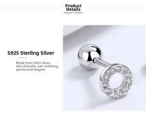 Detailed view of S925 sterling silver pave-set zircon earrings with screw ball backings