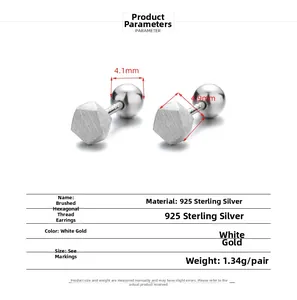 Detailed view of 925 sterling silver brushed hexagonal screw studs with measurements