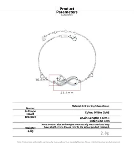 Detail of 925 sterling silver infinity heart bracelet with dimensions 27.6mm x 10.8mm