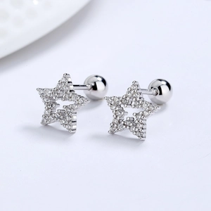 Elegant S925 sterling silver hollow star stud earrings with zircon and screw back
