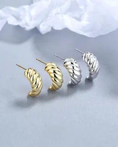 Detailed view of C-shaped twist earrings in gold and silver finish with rope texture