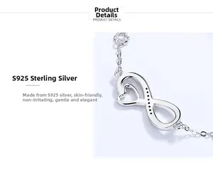 Detailed view of S925 sterling silver infinity heart bracelet with cubic zirconia