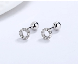 Close-up of S925 silver hoop earrings with white zircon pavé and secure screw ball backs