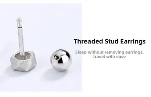 Detailed view of S925 sterling silver screw back earrings with hexagon brushed finish