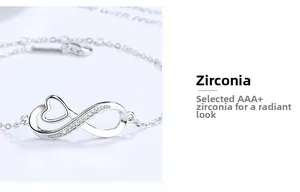 Detailed close-up of infinity heart bracelet with AAA+ cubic zirconia in silver