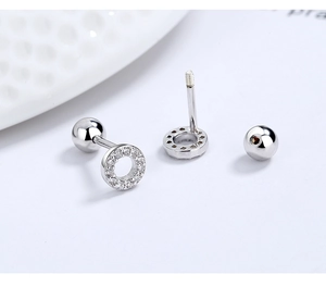 Close-up of S925 silver screw-back stud earrings with pavé cubic zirconia geometric rings
