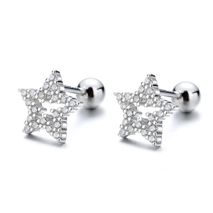 S925 sterling silver hollow star stud earrings with white cubic zirconia and screw-backs