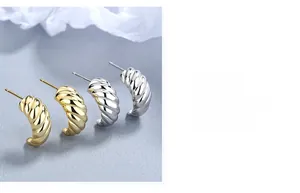 Detailed view of C-shape twist hoop earrings in gold and silver finish with spiral texture