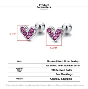 Detail view of 925 silver heart stud earrings with zircon and screw back dimensions