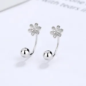 925 Sterling Silver Flower U-Shaped Earrings For Women Shiny Zirconia Double-Sided Wear Threaded Screw Back Stud Earrings Jewelry