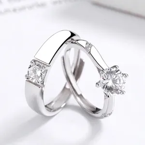 925 Sterling Silver Zirconia Couple Rings For Women Men Six-Prong Crown Setting Adjustable Open Ring Minimalist Jewelry Gift