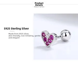Macro detail of S925 silver heart stud earring with rose red zircon and screw back