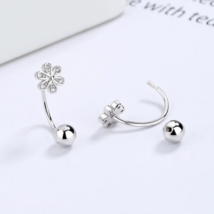 925 silver U-shaped hoop earrings with zircon flower pendant and screw ball closure