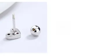 Detailed close-up of heart-shaped S925 silver stud earring with secure screw back design
