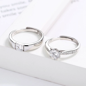 Adjustable S925 sterling silver couple rings set with six-prong zircon stones