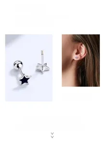 Detail of S925 sterling silver star screw back stud earring with black enamel finish